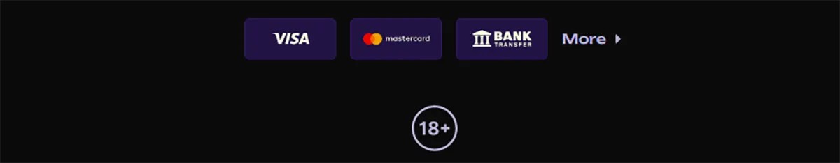 Payment methods section showing Visa, Mastercard, and bank transfer options with a “More” button and an 18+ age restriction icon on a dark background