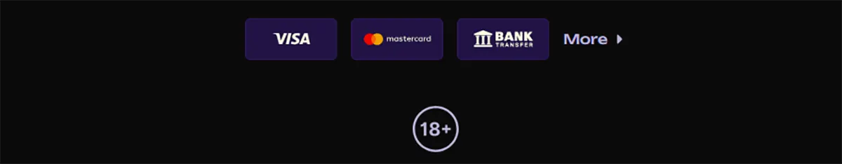 Payment methods section showing Visa, Mastercard, and bank transfer options with a “More” button and an 18+ age restriction icon on a dark background