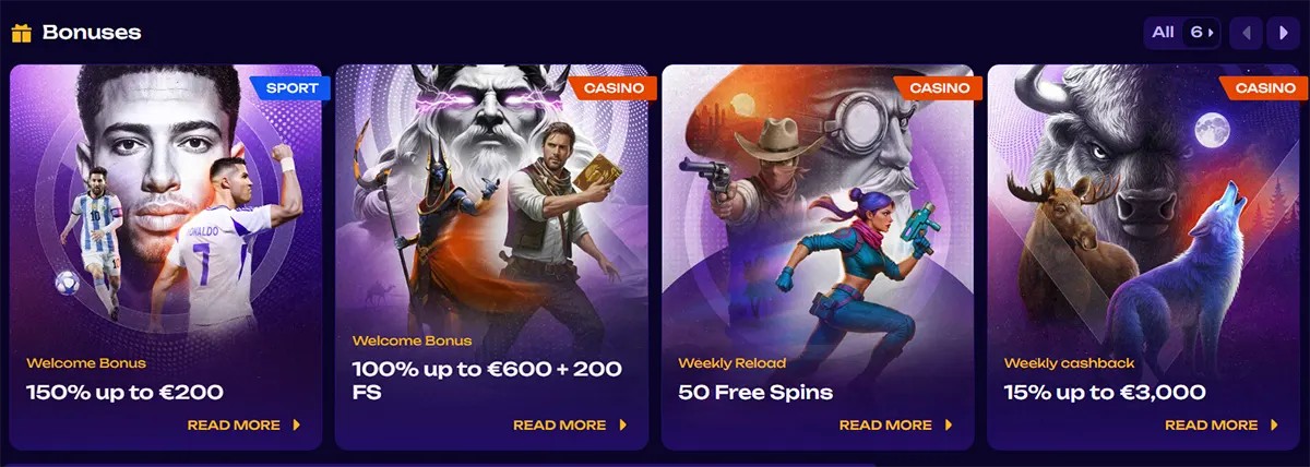 Casino bonuses section displaying offers including sports welcome bonus 150% up to €200, casino welcome bonus 100% up to €600 with 200 free spins, weekly reload with 50 free spins, and weekly cashback 15% up to €3,000 on a dark themed interface