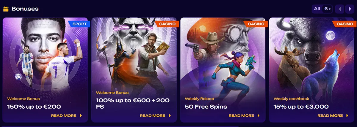 Casino bonuses section displaying offers including sports welcome bonus 150% up to €200, casino welcome bonus 100% up to €600 with 200 free spins, weekly reload with 50 free spins, and weekly cashback 15% up to €3,000 on a dark themed interface