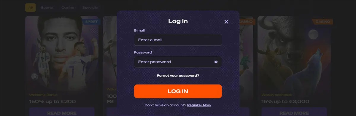 Login popup displaying email and password fields, a “forgot password” link, and a “Log In” button with a registration option on a dark themed betting website