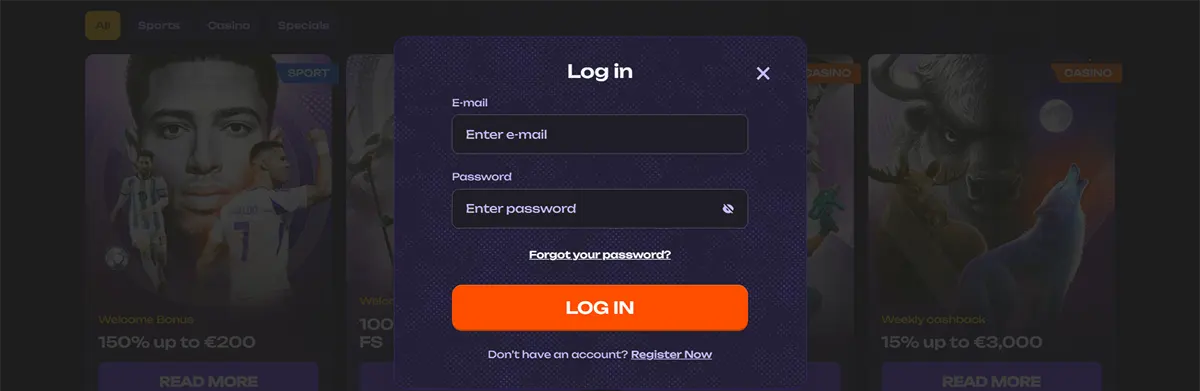 Login popup displaying email and password fields, a “forgot password” link, and a “Log In” button with a registration option on a dark themed betting website